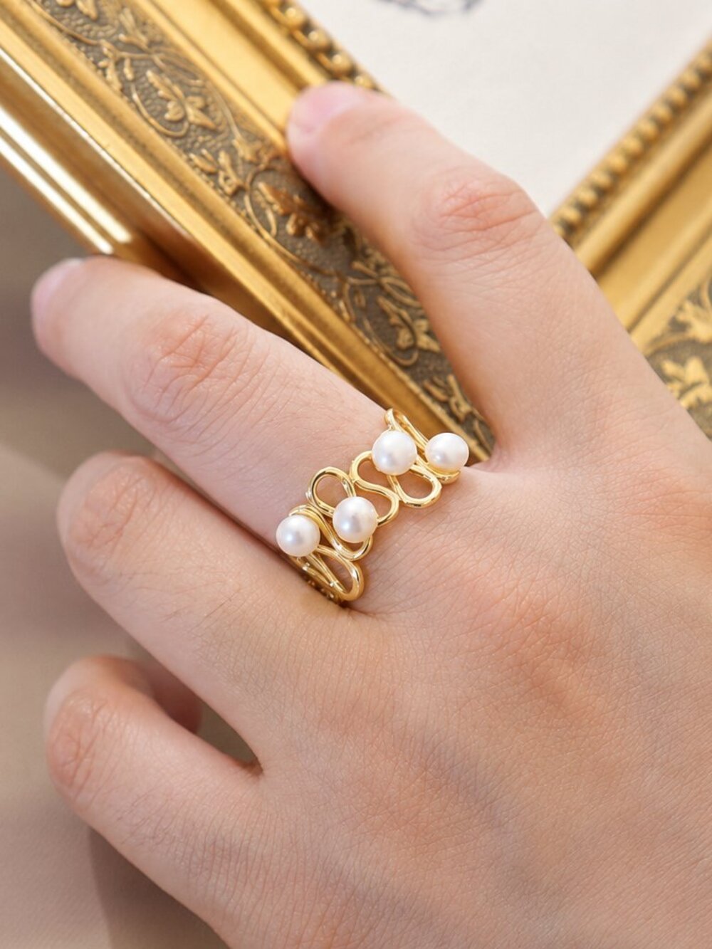 Freshwater Pearl Adjustable Ring 14K Gold Plated Open Band
